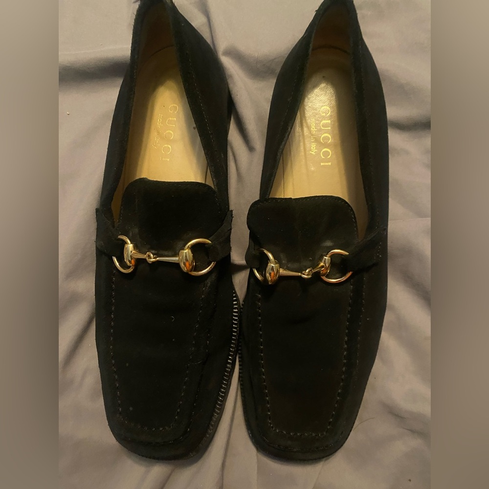 Gucci Black Suede Loafers with Gold Hardware